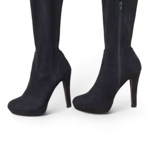 REVAMPED Platform Knee High Black Pull on Suede Feel Boots